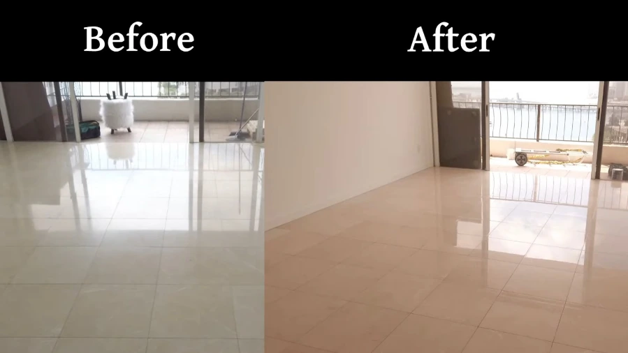 Carpet transformation after professional repair and stretching