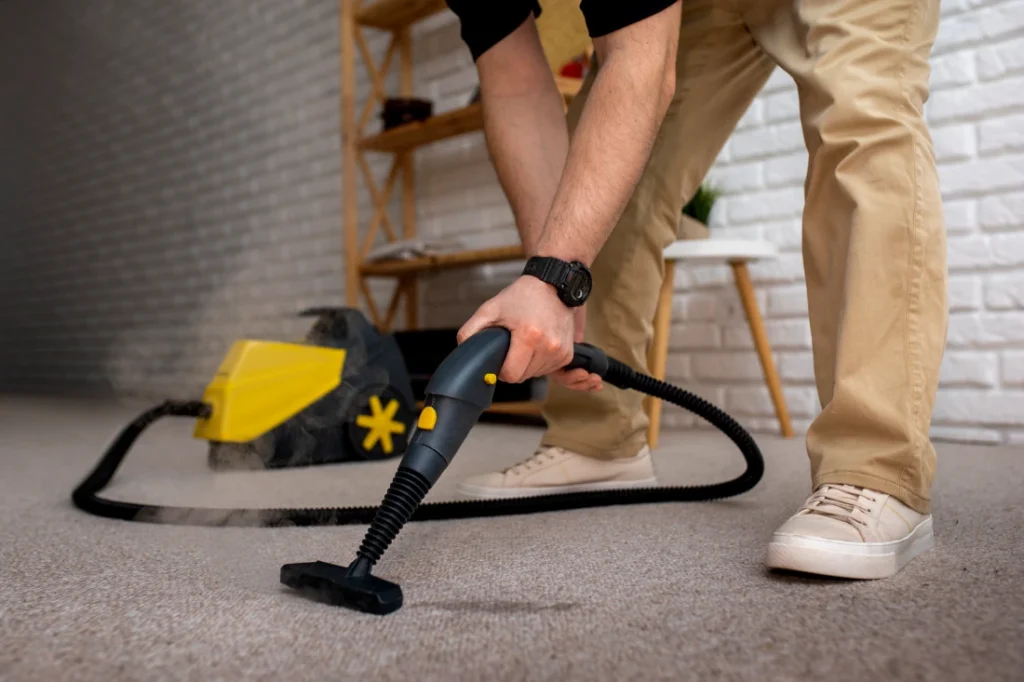 Contact carpet cleaning Frisco TX technician performing a professional carpet cleaning service